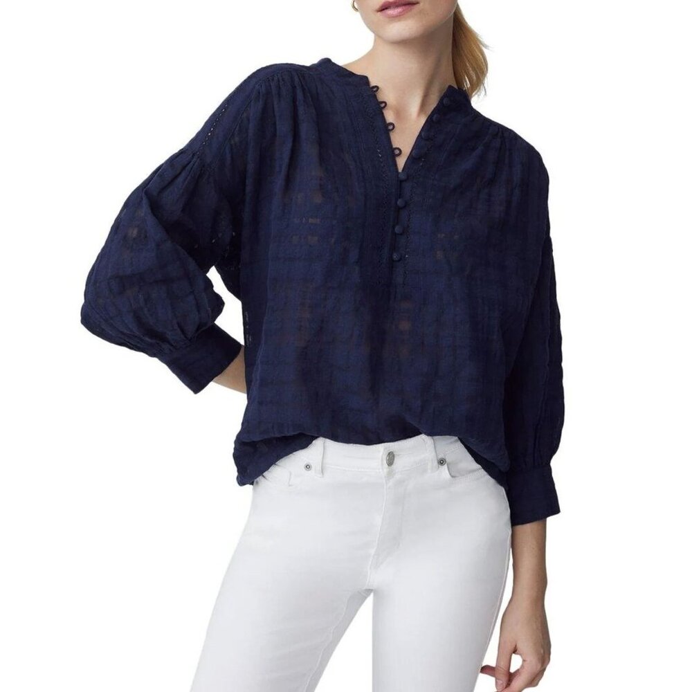 J. McLaughlin Ushi Linen-Blend Blouse Button Front 3/4 Sleeve Semi Sheer Navy S